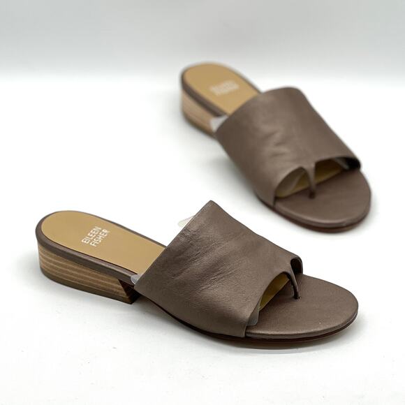 EILEEN FISHER Beal Wide Band Slide Sandal Womens 7.5 Metallic Taupe Leather Heel - Picture 1 of 12